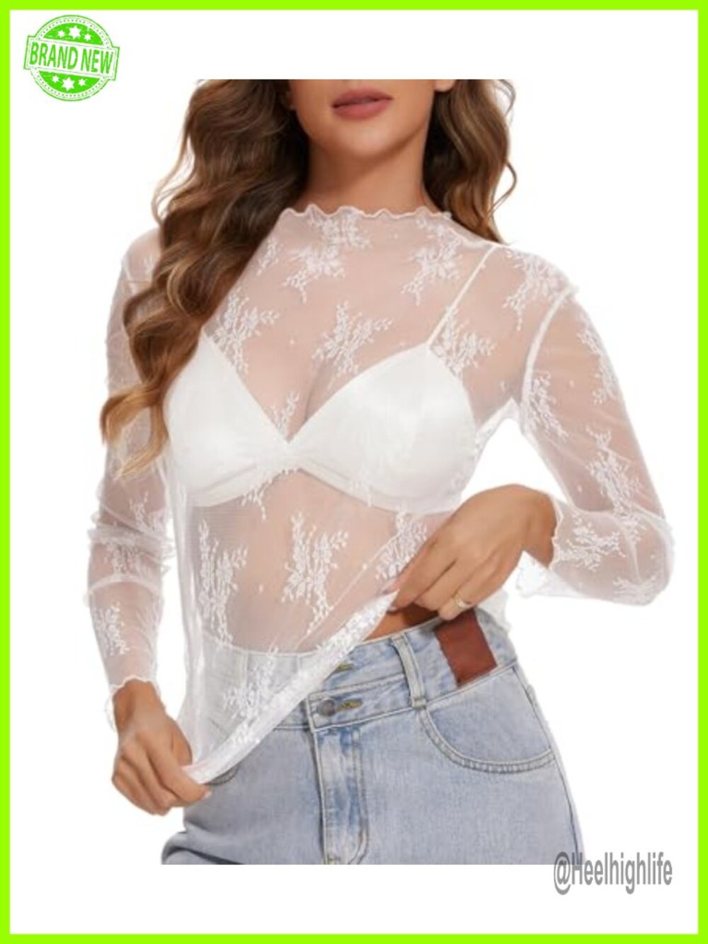 Women's Sheer Mesh Lace Long Sleeve Top Floral Embroidery Mock Neck Ruffle Hem